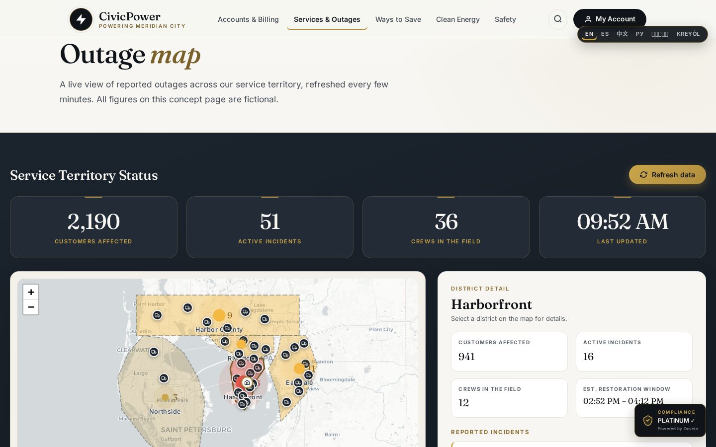 CivicPower fictional utility proof of concept — live outage map with GPS-tracked crews